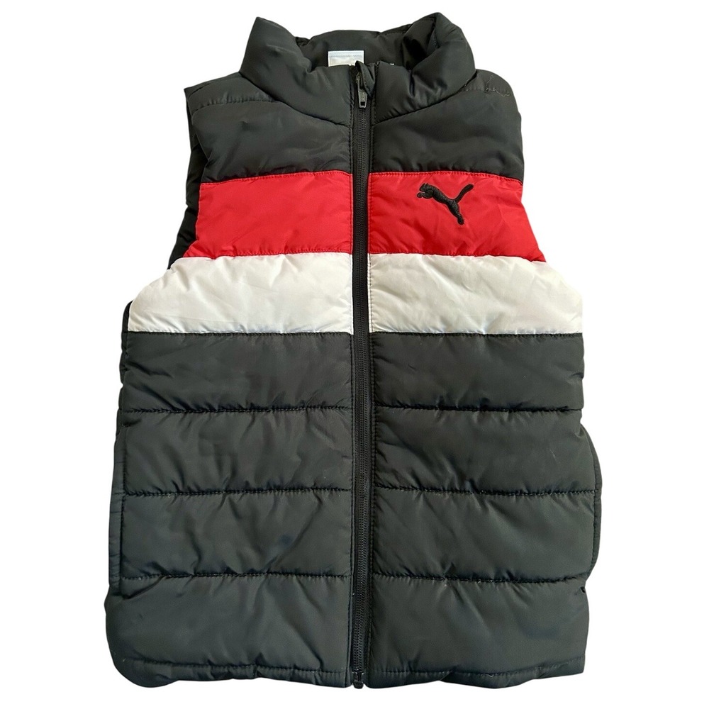 Kids Puma Puffer Vest XS 5/6 Black Red White Zip‎ Up Sleeveless Padded